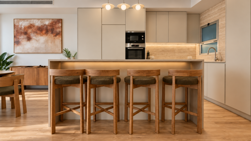 Cocina abierta con isla de madera, reforma integral de vivienda en Valencia CASA JC40 de BTTEstudio